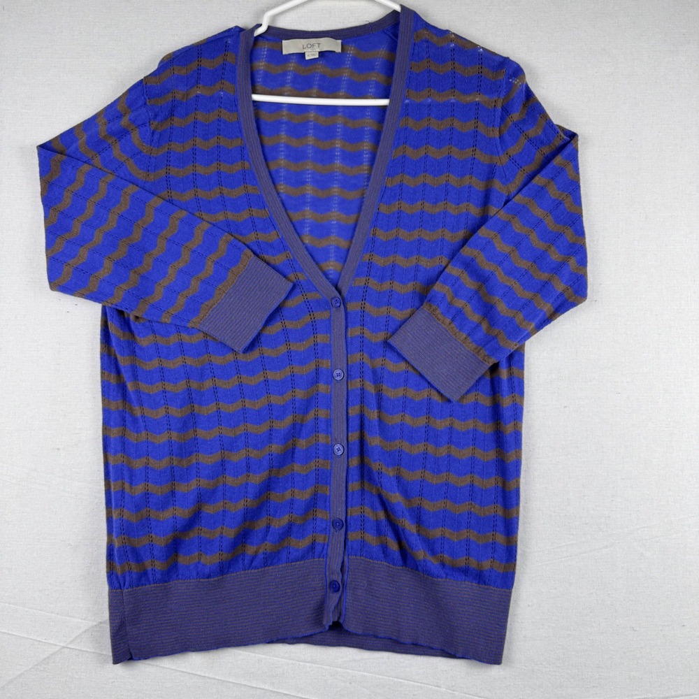 Ann Taylor Loft Blue Brown Chevron Pointelle Linen Cotton Cardigan Sweater XL